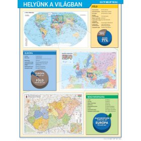   Helyünk a világban (A Föld, Európa és Magyarország) iskolai földrajzi falitérkép, 100 x 140 cm