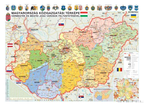 Magyarország közigazgatása (2023) iskolai földrajzi falitérkép vármegyék és megyei jogú városok feltüntetésével (100 x 70 cm)