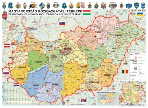 Magyarország közigazgatása (kiadási év: 2023) iskolai földrajzi falitérkép vármegyék és megyei jogú városok feltüntetésével (160 x 120 cm)