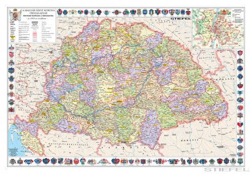 A Magyar Szent Korona országai térképe jelenleg Mo. határral fémléces iskolai történelmi falitérkép 