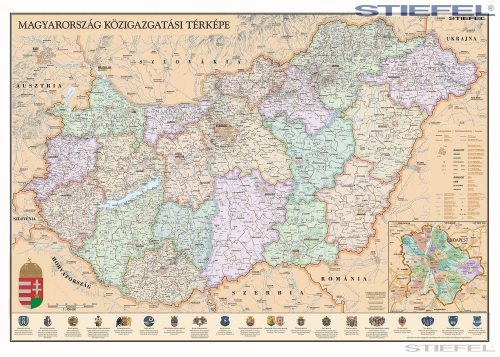 Magyarország közigazgatása a járásokkal antik stílusú iskolai földrajzi falitérkép 