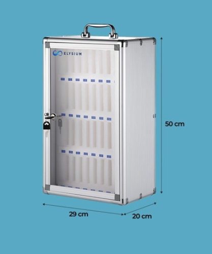 Elysium hordozható, falra szerelhető, zárható, 36 rekeszes, szivacsbetétes mobiltelefon tároló doboz