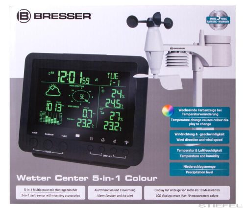 Bresser 5 az 1-ben Wi-Fi kompatibilis időjárás állomás, színes kijelzős, fekete
