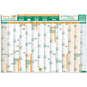   Tanéves tervezőnaptár iskoláknak 2025/26-es tanévre (140x100 cm) írható-törölhető fóliabevonattal, fémlécezve