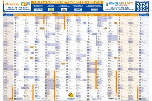 Tanéves tervezőnaptár iskoláknak 2024/25-es tanévre, írható-törölhető fóliabevonattal, fémlécezve