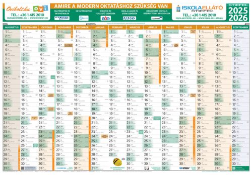 Tanéves tervezőnaptár iskoláknak 2025/26 tanévre, írható-törölhető fóliabevonattal, fémlécezve