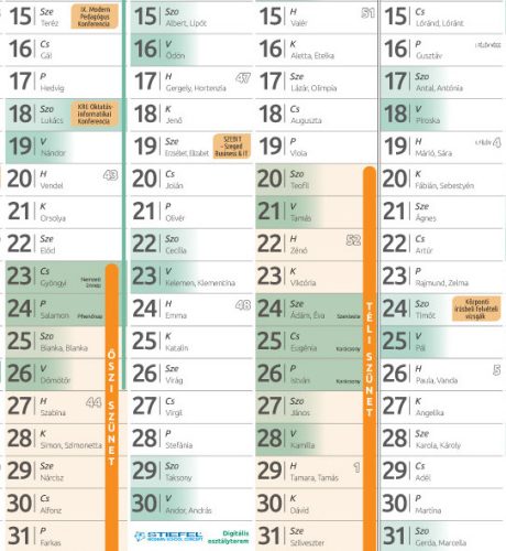 Tanéves tervezőnaptár iskoláknak 2025/26 tanévre, írható-törölhető fóliabevonattal, fémlécezve
